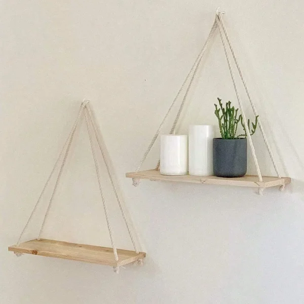 1PC Wooden Swing Hanging Hemp Rope Wall Shelve Mounted Floating Home Living Room Plant Flower Pot Tray Storage Garden Decoration - Image 2