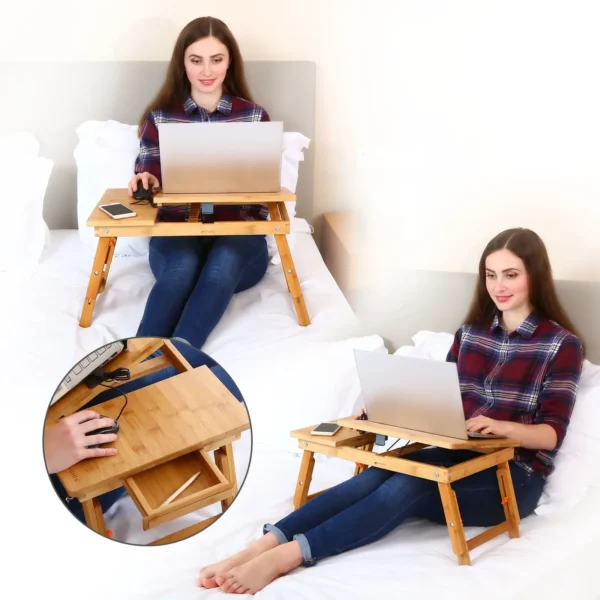 100% Bamboo Laptop Desk with Height Adjusted Foldable Breakfast Serving Bed Tray Top Tilted Drawer bed table with Pen Notch - Image 2