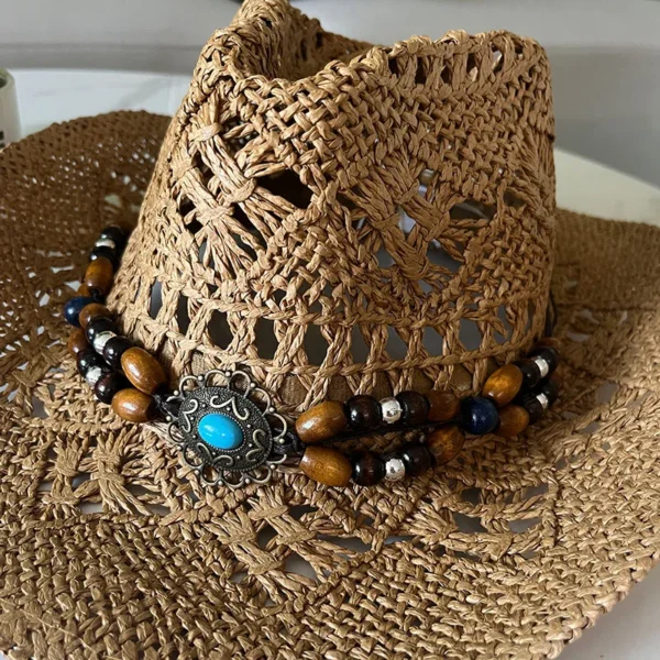 Vintage Summer Beach Bohemian Straw Hat Shell Women Men Western Cowboy Hats Wooden Beads Hollow Out Sun Hat Holiday Cap - Image 3