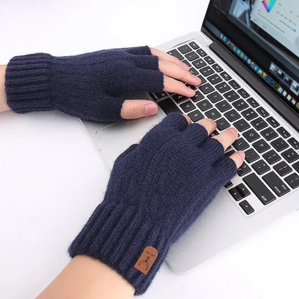 Winter Gloves For Men Half Finger Writting Office Cycling Knitted Gloves Students Alpaca Wool Warm Thick Elastic Driving Gloves - Image 5