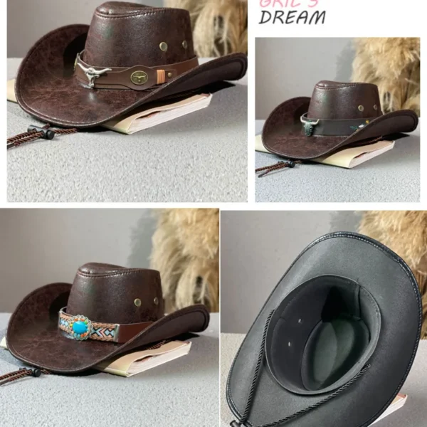 Western Cowboy Hat Ox Head Belt Rivet Fedora Hat for Men Women Outdoor Travel Wide Brim Sun Hat Faux Leather Panama Cowgirl Hat - Image 2