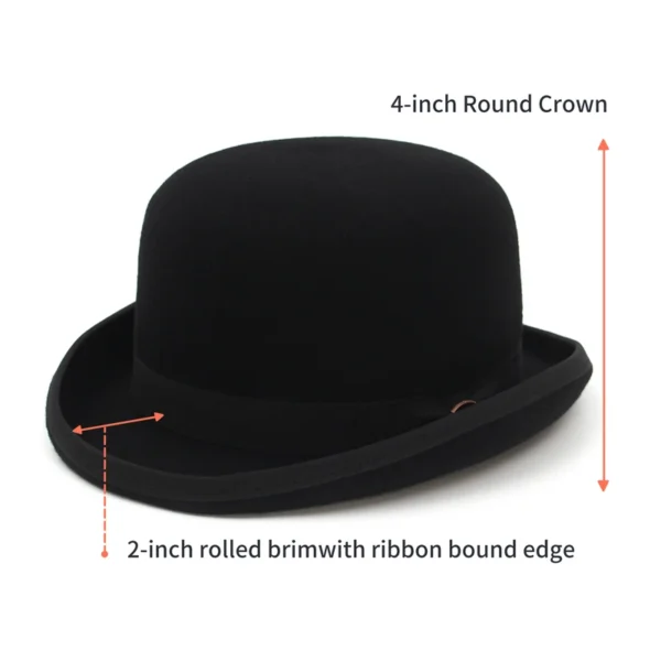 100% Wool Felt Black Derby Bowler Hat for Men Women Satin Lined Fashion Party Formal Fedora Costume Magician Cap - Image 2