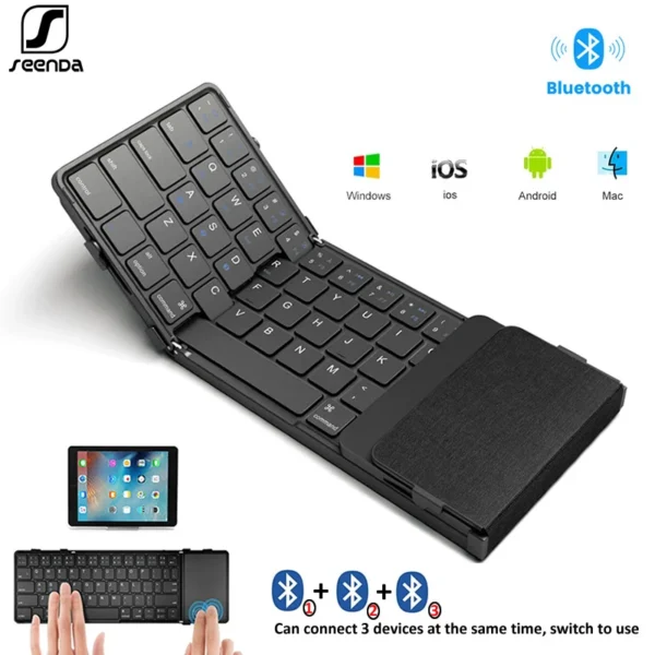 SeenDa Tri-Folding Wireless Keyboard with Touchpad Rechargeable Mini Keyboard Foldable Keyboard for Windows Phone PC Table