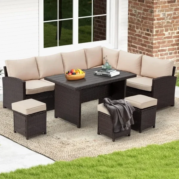 7 Pieces Patio Furniture Set, Outdoor Sectional Sofa Conversation Set, All Weather Wicker Rattan Couch Dining Table & Chair - Image 4