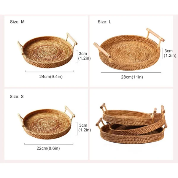 Rattan Tray Round Storage Basket Tray With Wooden Handle Bread Fruit Cake Food Plate Serving Tray for Home kitchen - Image 2