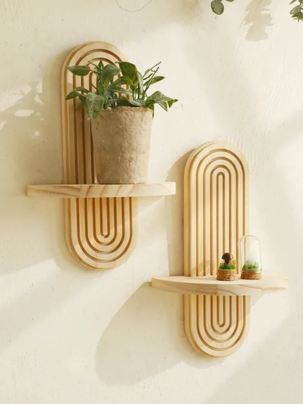 2-Tier Boho Style Wooden Wall Shelves - Geometric Wall Mounted Shelves, Natural Wood Finish, Modern Home Decor, Plant Decorative - Image 2