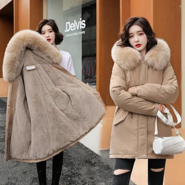 Women Parka Fashion Long Coat Wool Liner Hooded Parkas 2023 New Winter Jacket Slim with Fur Collar Warm Snow Wear Padded Clothes - Image 4