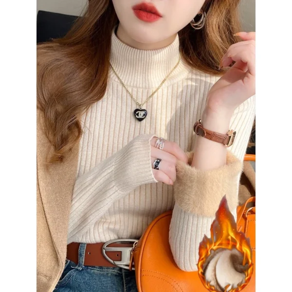 Women's Turtleneck Sweater Winter 2024 Retro Red with Velvet Lining Thickened Inner Wear Thermal Knitting Bottoming Shirt - Image 3