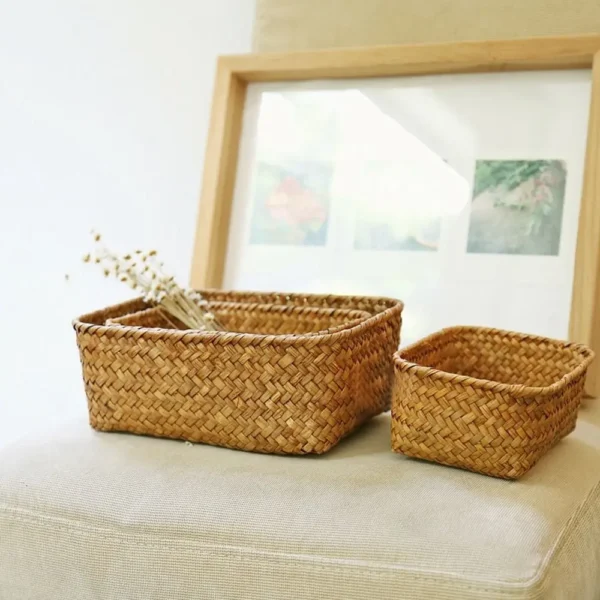 Handmade Straw Dried Flower Fruit Pot Basket Rattan Box Practical  Kitchen Storage Basket Home Decortion