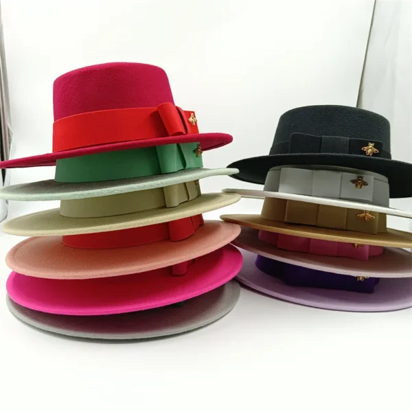 Bow Tie Fedora Hat Winter Round Bumpy Surface Flat Top Bow Tie Elastic Band Men's and Women's Red Jazz Hat Fedora - Image 5