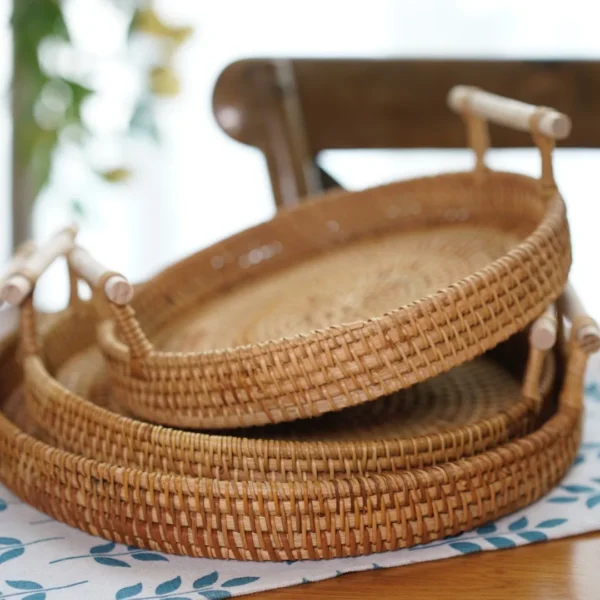 Round Rattan Tray Woven Bread Basket with Handles Small Cracker Tray for Serving Dinner Parties Coffee Table Kitchen Organizer - Image 3