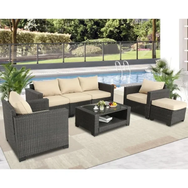 7 Pieces Patio Furniture Sets Outdoor Rattan Wicker Conversation Sofa Garden Sectional Sets With Washable Garden Furniture Sets - Image 5