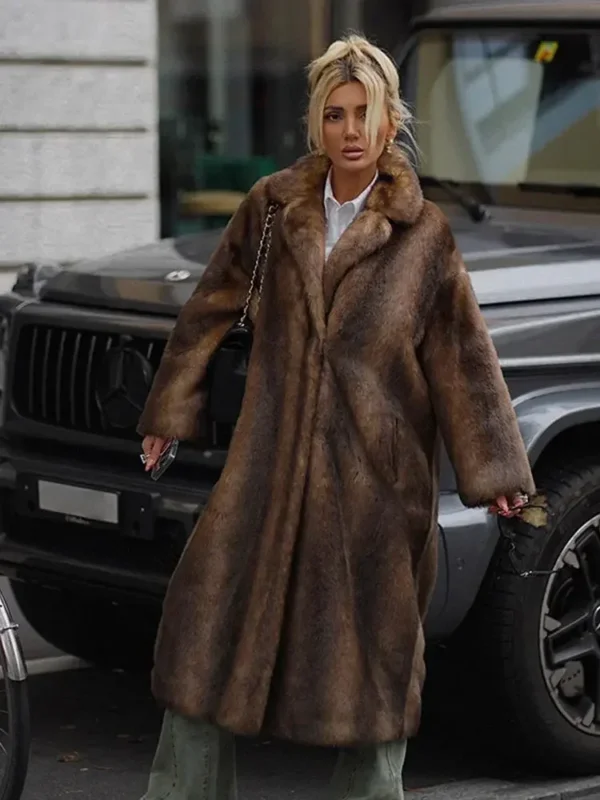 Women's Dark Brown Faux Fur Long Overcoat Single Breasted Fleece Long Trench Coat Winter Fluffy Plush Warm New Thicken Outerwear - Image 2