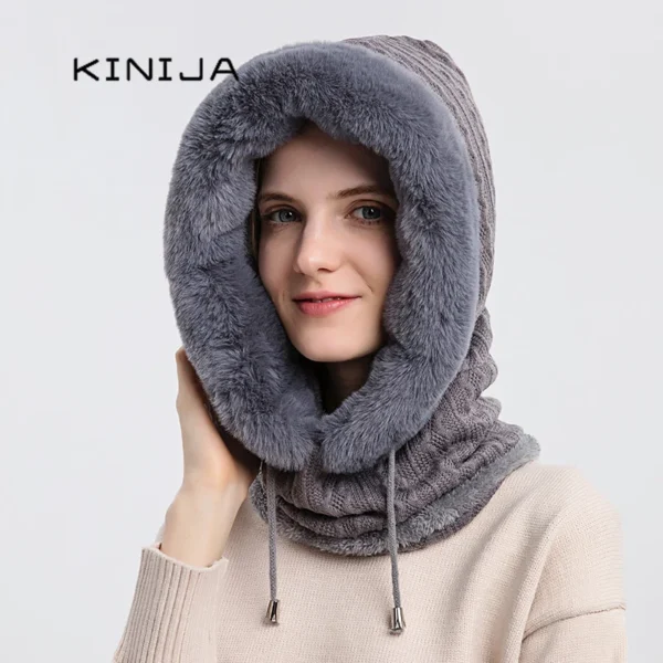 Winter Fur Cap Mask Set Hooded for Women Knitted Cashmere Neck Warm Balaclava Ski Windproof Hat Thick Plush Fluffy Beanies hood - Image 3