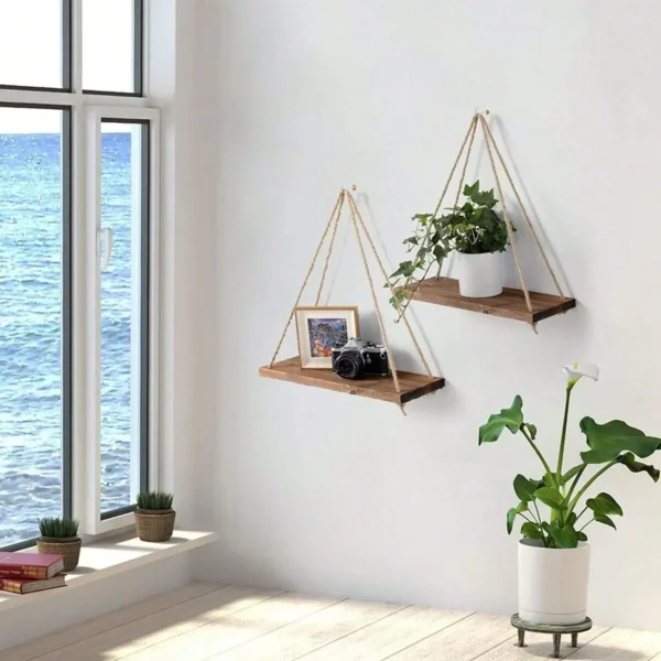 1PC Wooden Swing Hanging Hemp Rope Wall Shelve Mounted Floating Home Living Room Plant Flower Pot Tray Storage Garden Decoration - Image 3