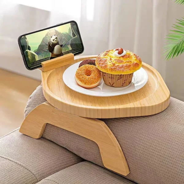 Bamboo and wood sofa armrest tray fruit Dim sum tray with mobile phone support small tray for home snacks tea table storage rack