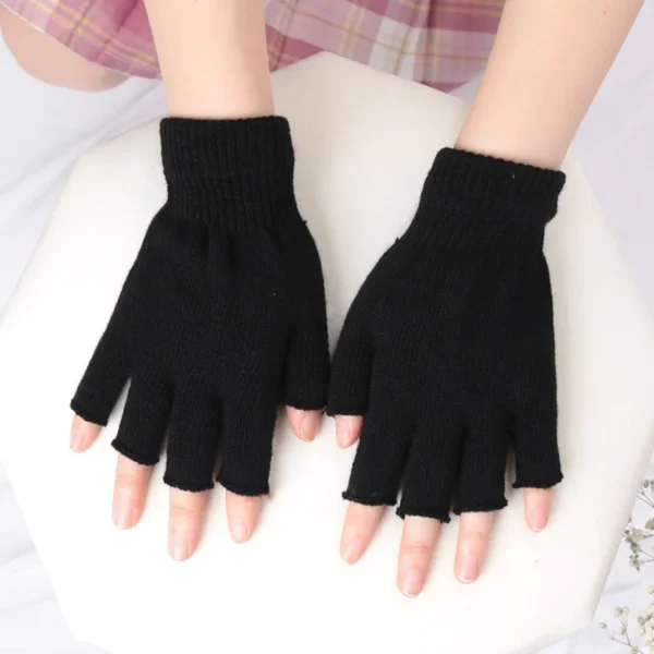 1Pair Unisex Black Half Finger Fingerless Gloves for Women and Men Wool Knit Wrist Cotton Winter Warm Work Mittens - Image 2