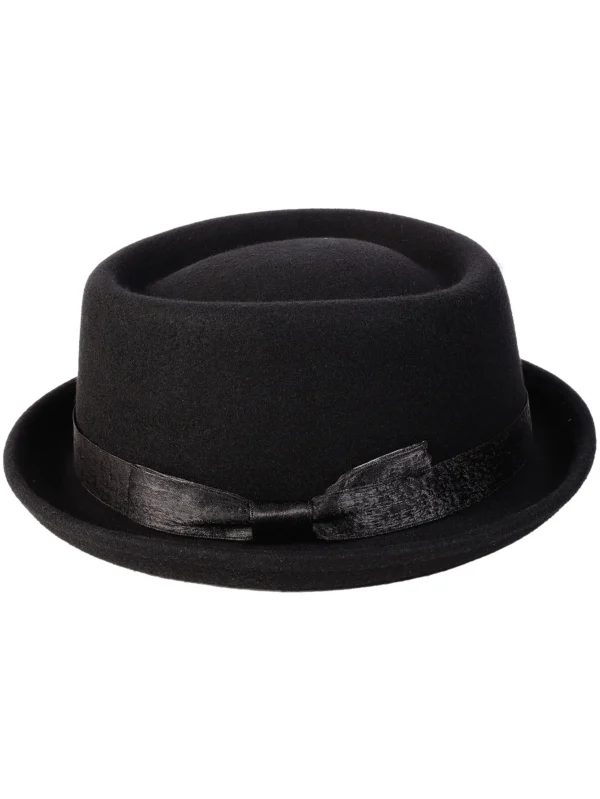 2024 Black Pork Pie Hat Wool Felt Bow Mens Fedora Jazz Cap Church Panama Gangsters Caps Gentlemen Fashion Porkpie Hats - Image 2