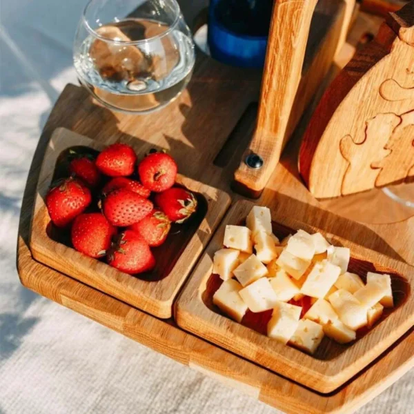 Wooden Folding Picnic Table With Glass Holder Round Foldable Desk Wine Glass Rack Collapsible Table Snack Tray Outdoor Tables - Image 3