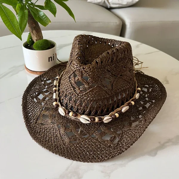 Summer Bohemian Shell Straw Hat Beach Women Men Cowboy Hats Wooden Beads Hollow Out Western Wide Brim Sun Hat Holiday Cap - Image 3