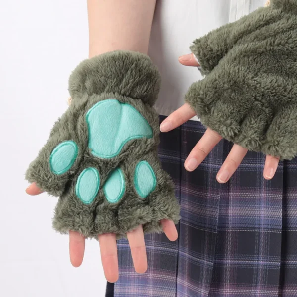 Women Cartoon Cat Claw Gloves Thickened Plush Lovely Style Bear Paw Exposed Fingers Half Winter Mittens Warm Girls Gift Gloves - Image 4