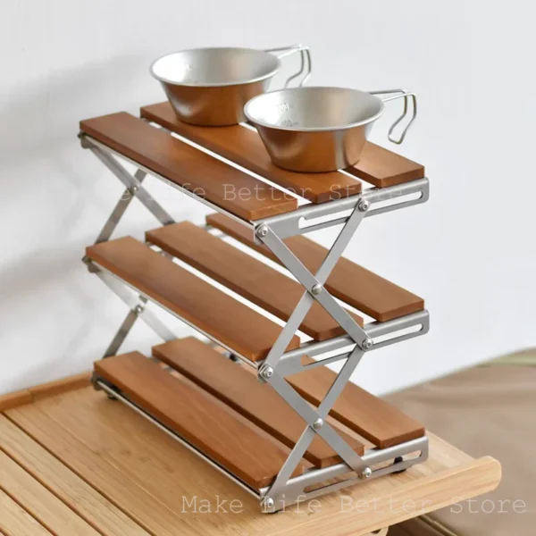 Wood Foldable Camping Rack Furniture Portable Folding Trips Shelf Camping Mountain Hiker Barbecue Three-stage Table - Image 2