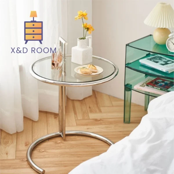 X&D Retro Lift Transparent Tea Table Stainless Steel Internet Celebrity Photo Glass Round Ins Home Sofa Side Table Coffee Table