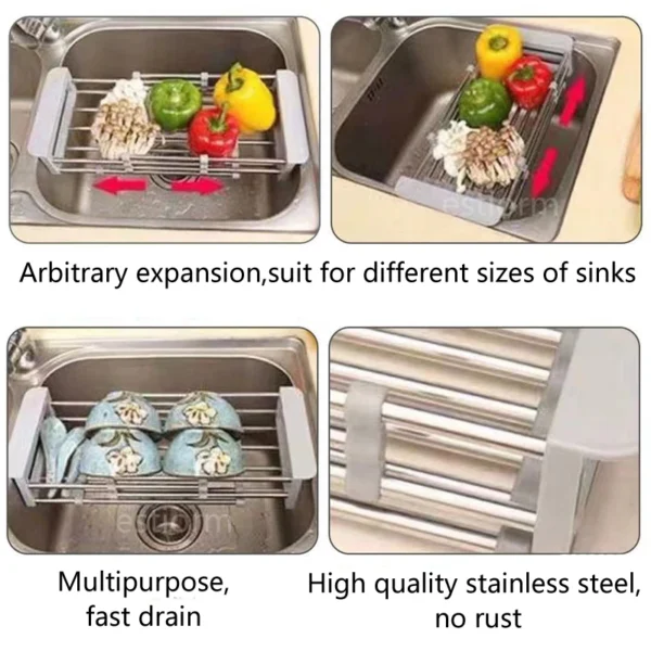 Kitchen Dish Drying Rack,Over Sink Expandable Stainless Steel Dish Rack/Drainer,Adjustable Vegetable Fruit Drain Basket For Sink - Image 3