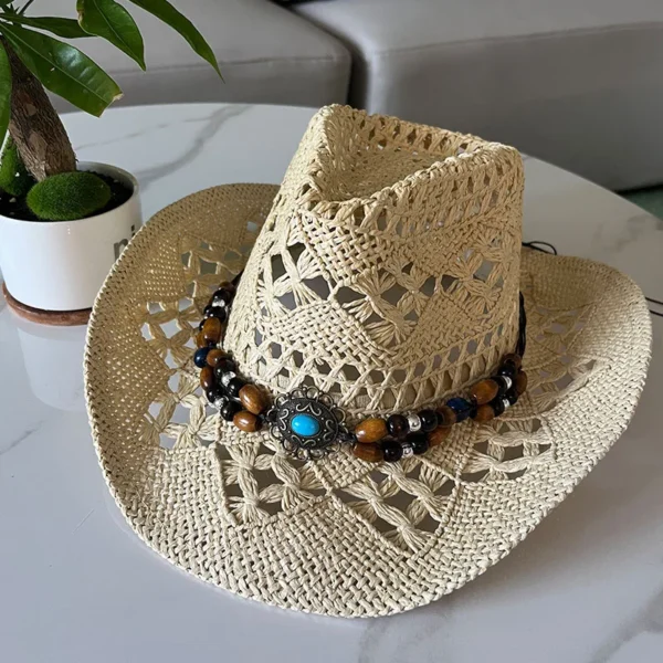 Vintage Summer Beach Bohemian Straw Hat Shell Women Men Western Cowboy Hats Wooden Beads Hollow Out Sun Hat Holiday Cap - Image 5