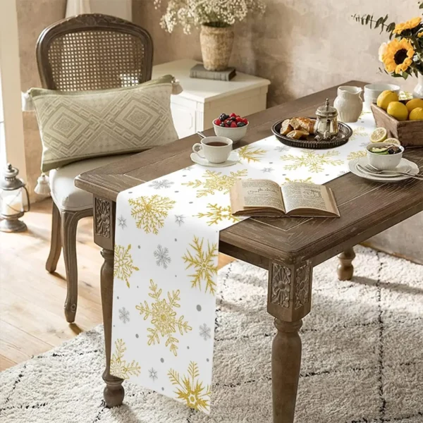 Christmas Gold Grey Snowflake Linen Table Runners Dressers Scarves Table Decor Xmas Dining Table Runners Christmas Decorations - Image 3