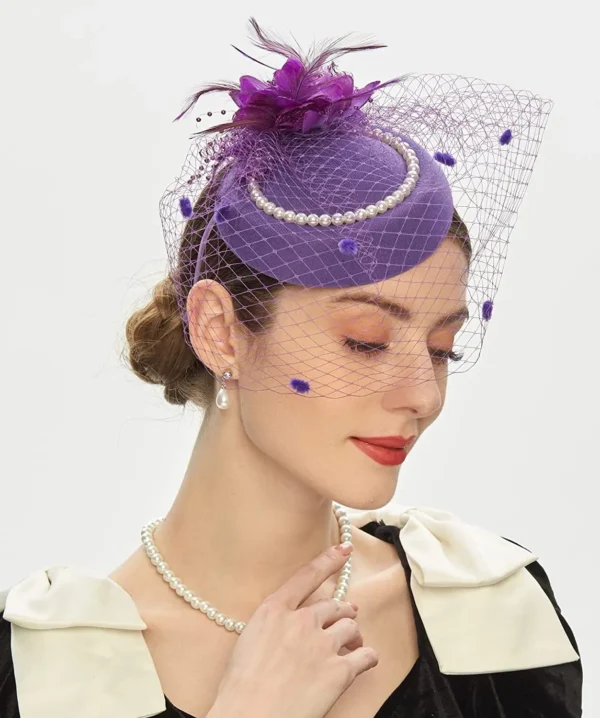 New Elegant Pillbox Hats 20s 50s Vintage Pearl Fascinators Hat for Women with Feather Mesh Veil Clip Bridal Wedding Tea Party - Image 2