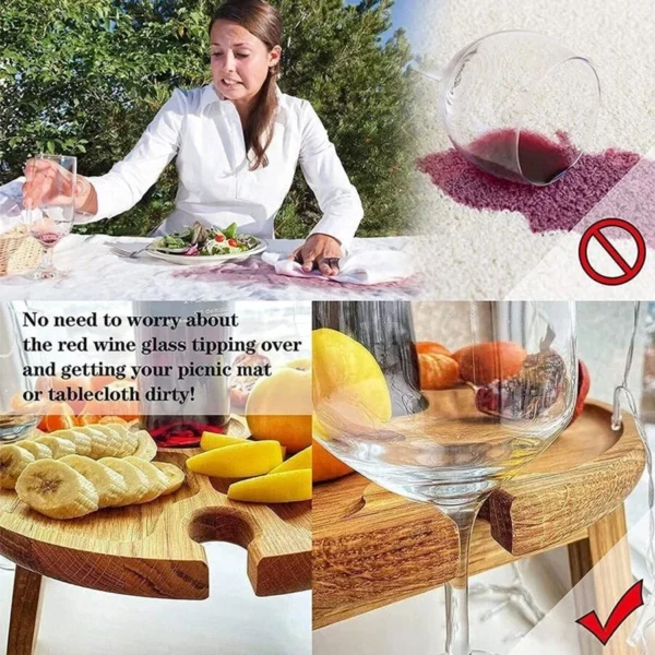 Outdoor Wooden Folding Picnic Table-With Glass Holder 2in1 Round Desk Wine Glass Rack Collapsible Table For Garden Party - Image 3