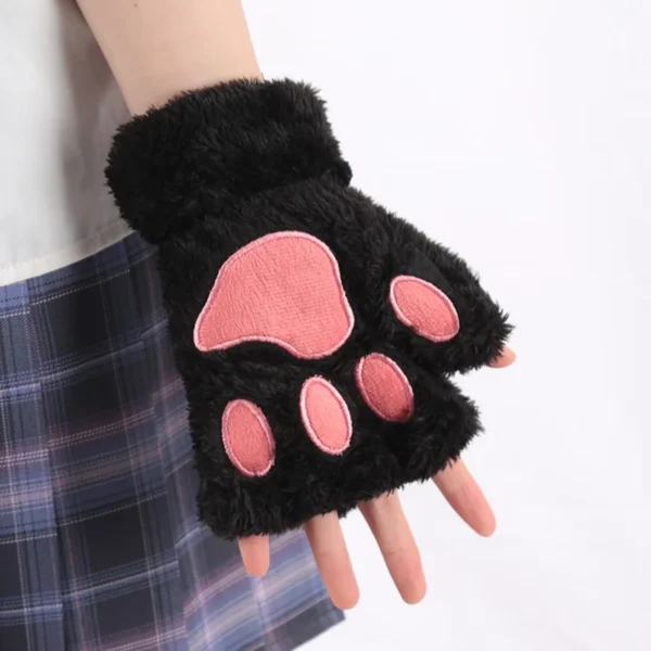 Women Cartoon Cat Claw Gloves Thickened Plush Lovely Style Bear Paw Exposed Fingers Half Winter Mittens Warm Girls Gift Gloves - Image 2