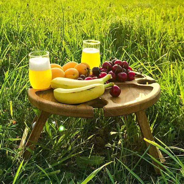 Wooden Folding Picnic Table Outdoor Camp Round Foldable Desk Wine Glass Rack Portable Leisure Time Snack Table Nut Fruit Plate - Image 3