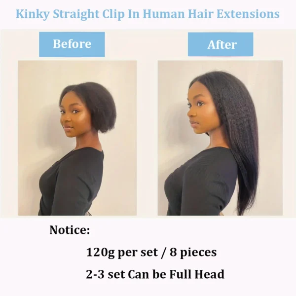 Kinky Straight Clips In Human Hair Extensions Natural Color In Brazilian 100% Remy Human Hair 120G 8Pcs/Set Full Head For Women - Image 6