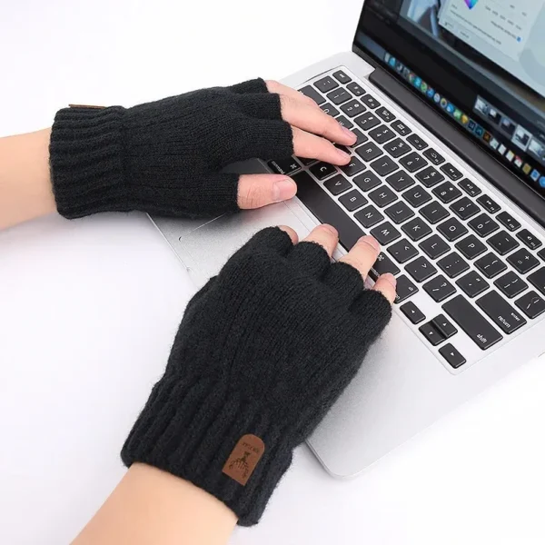 Winter Gloves For Men Half Finger Writting Office Cycling Knitted Gloves Students Alpaca Wool Warm Thick Elastic Driving Gloves - Image 2