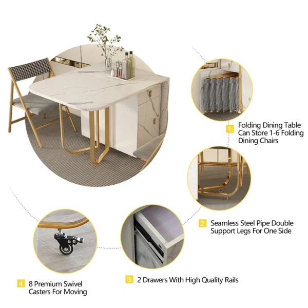 Movable Folding Dining Table with Storage Rack and 2 Drawers Extendable Versatile Kitchen Table and Metal Folding Dining Chairs - Image 5