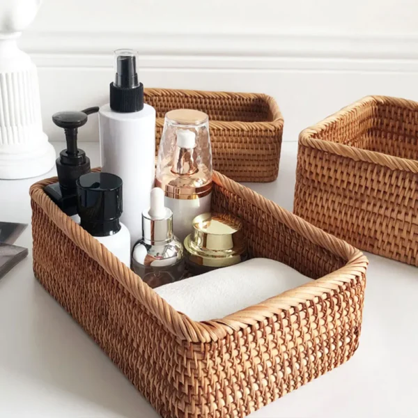 Manual Rectangular Weaving Rattan Wicker Basket Fruit Snacks Tray Bread Hand-knitted Box Portable Picnic Storage Box - Image 3