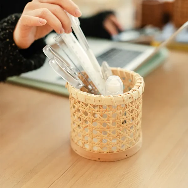 White Rattan Hand-woven Rattan Pen Holder Small Cylinder Small Flower Basket Tableware Storage Basket Small Sundry Basket - Image 4