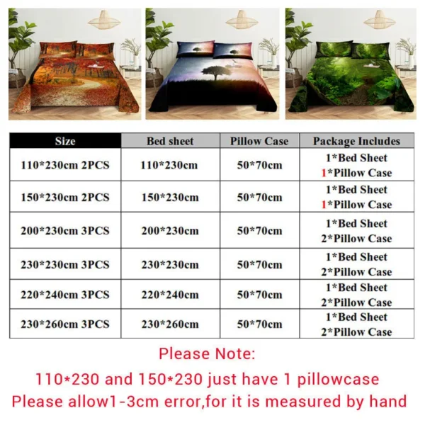 Bed Sheet Pillowcase Bedding Set Linens Cover Senic Queen King Double Size 220x240 Trees for Bedroom Soft Twin Full Single New - Image 5