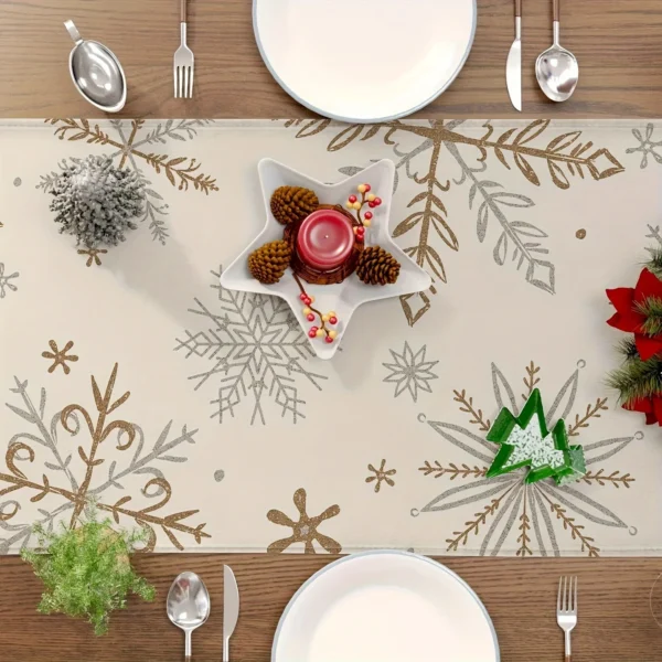 Winter Table Runner, Snowflake Decorations White Gold Winter Runner for Table Seasonal Chriatmas Winter Holiday Decor - Image 4