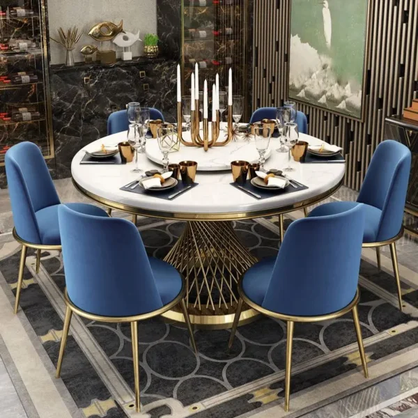 Modern Luxury Style White Round Marble Top Dining Table Sets With Turntable And 6 Chairs For Restaurant Furniture