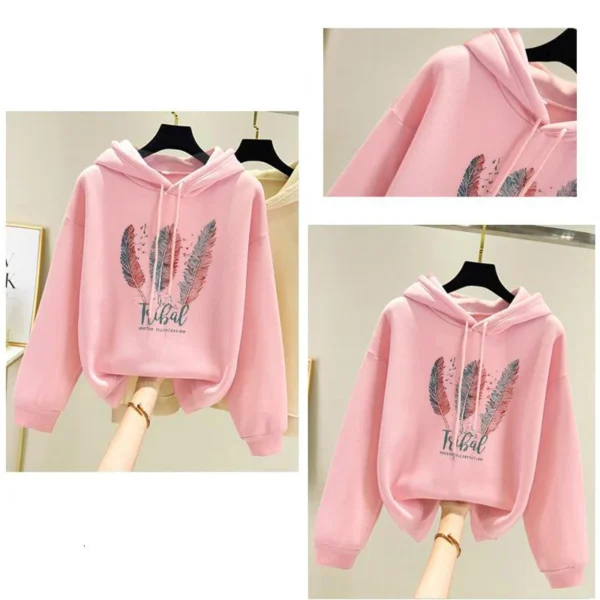 Women Fashion Feather Printed Hoodies Autumn Winter Plus Velvet Casual Loose Sweatshirt - Image 5