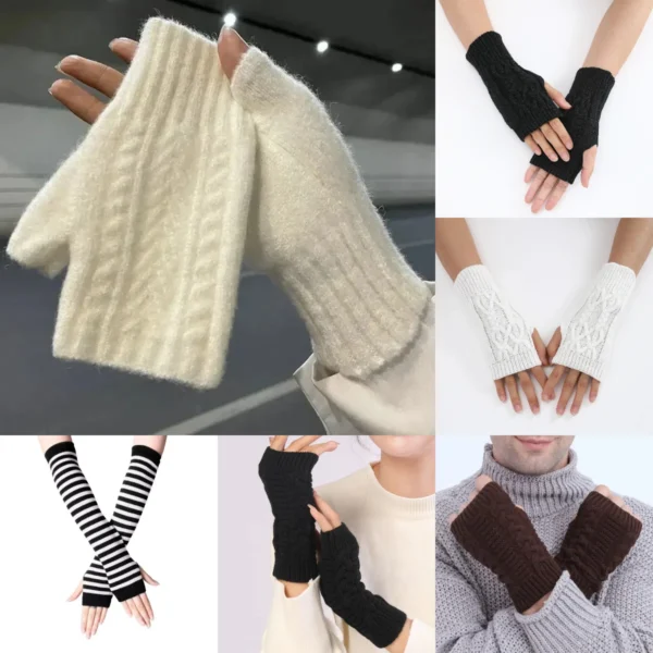 Women's half finger gloves are soft and warm in winter, with wool like knitted arm gloves and neutral black and white gloves