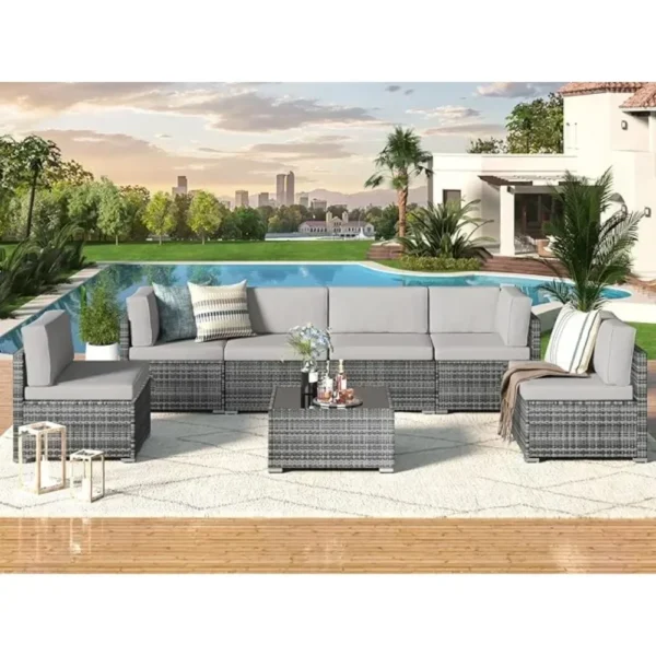 7-piece patio furniture set modular wicker outdoor sectional sofa PE rattan outdoor set with pillowtop cushions and coffee table - Image 6