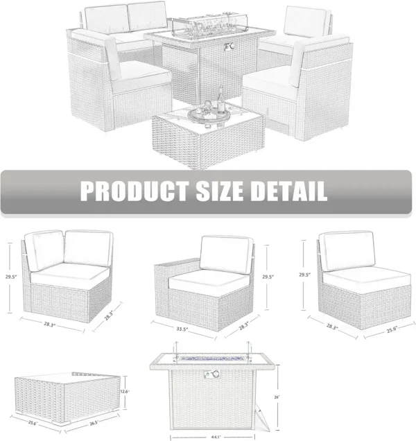 8/10 Piece Patio Furniture Set with Fire Pit Table, Outdoor Conversation Sets Wicker Rattan Sectional Sofa with Coffee Table - Image 6