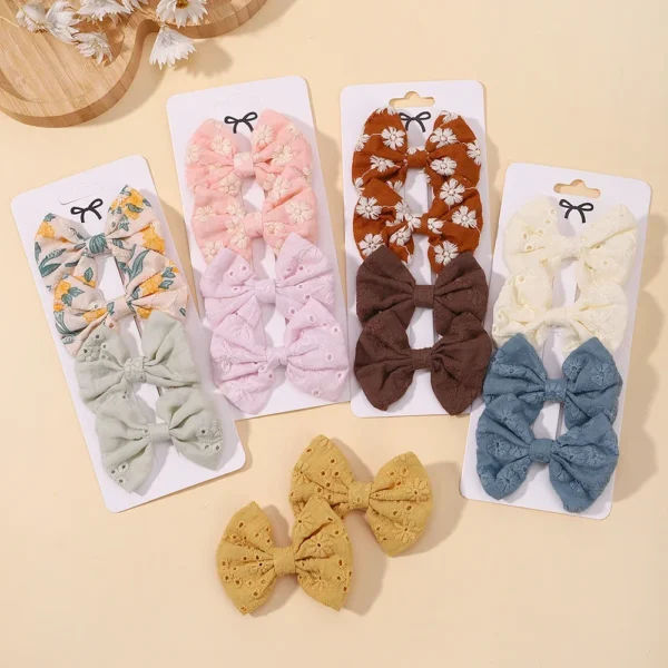 4Pcs/Set Lovely Cotton Bowknot Clips Safe Hairpins Girl Fresh Pastoral Hairclips Baby Hair Accessories Kids Print Hairgripe Gift - Image 3