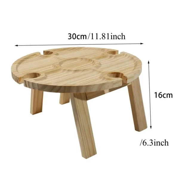 Wooden Outdoor Folding Picnic Table With Glass Holder Round Foldable Desk Wine Rack Collapsible - Image 5