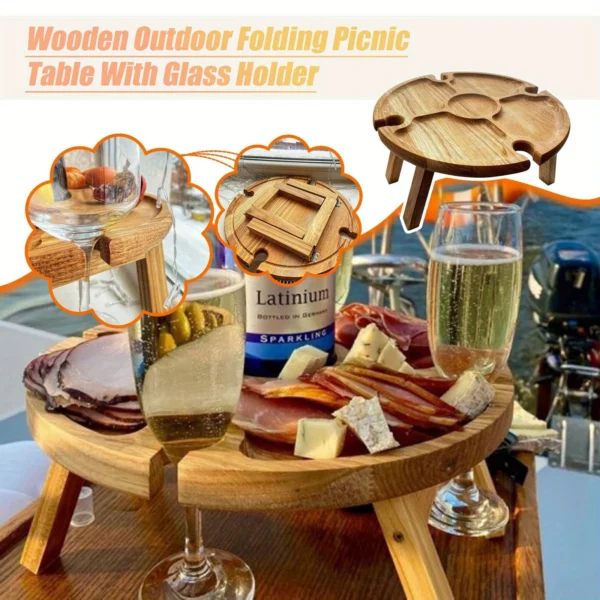 Wooden Outdoor Folding Picnic Table 2 In 1 With Glass Cup Holder Portable Round Fruit Picnic Plate Foldable Desk For Beach Garde - Image 2