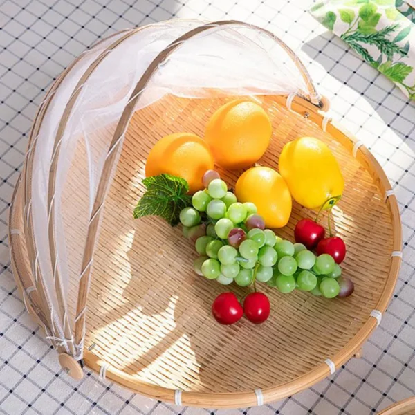 Bamboo Woven Basket Anti-Mosquito Net Fruit Vegetable Basket Dustpan Tent Basket Tray Portable Outdoor Picnic Mesh Net Cover - Image 4